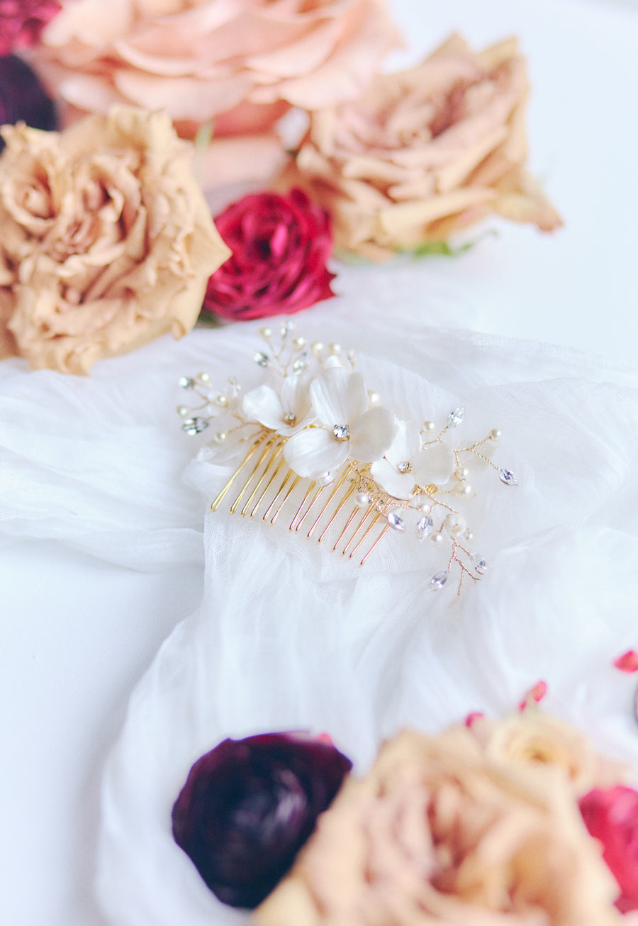 Bridal comb handcrafted with flowers and crystal