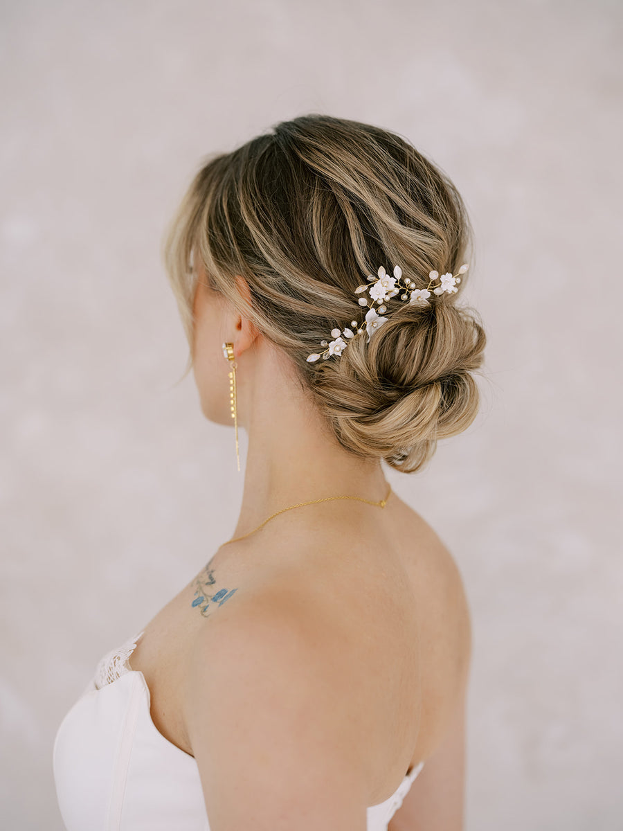 New York Bride with elegant updo wearing elegant bridal hairpins by Joanna Bisley Designs.