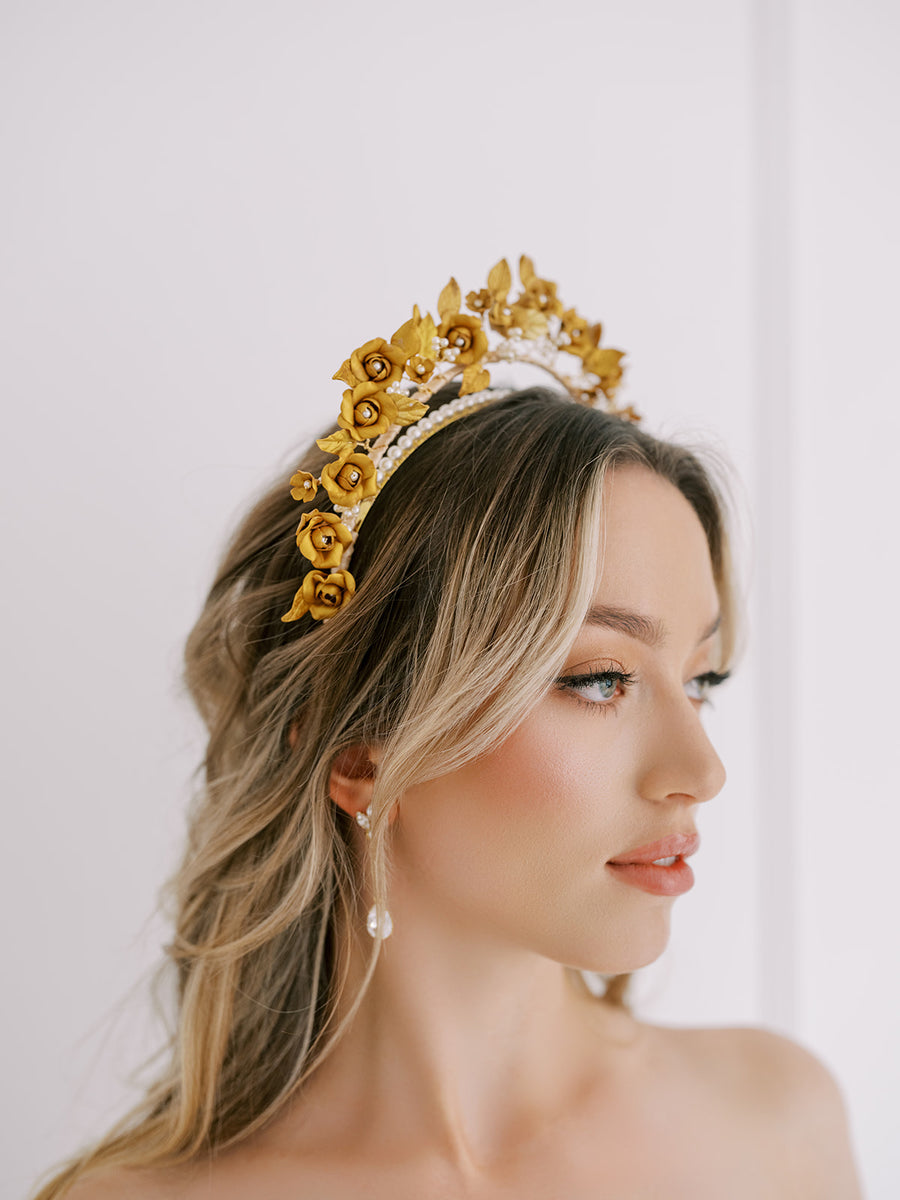 Bride wearing statement flower crown.