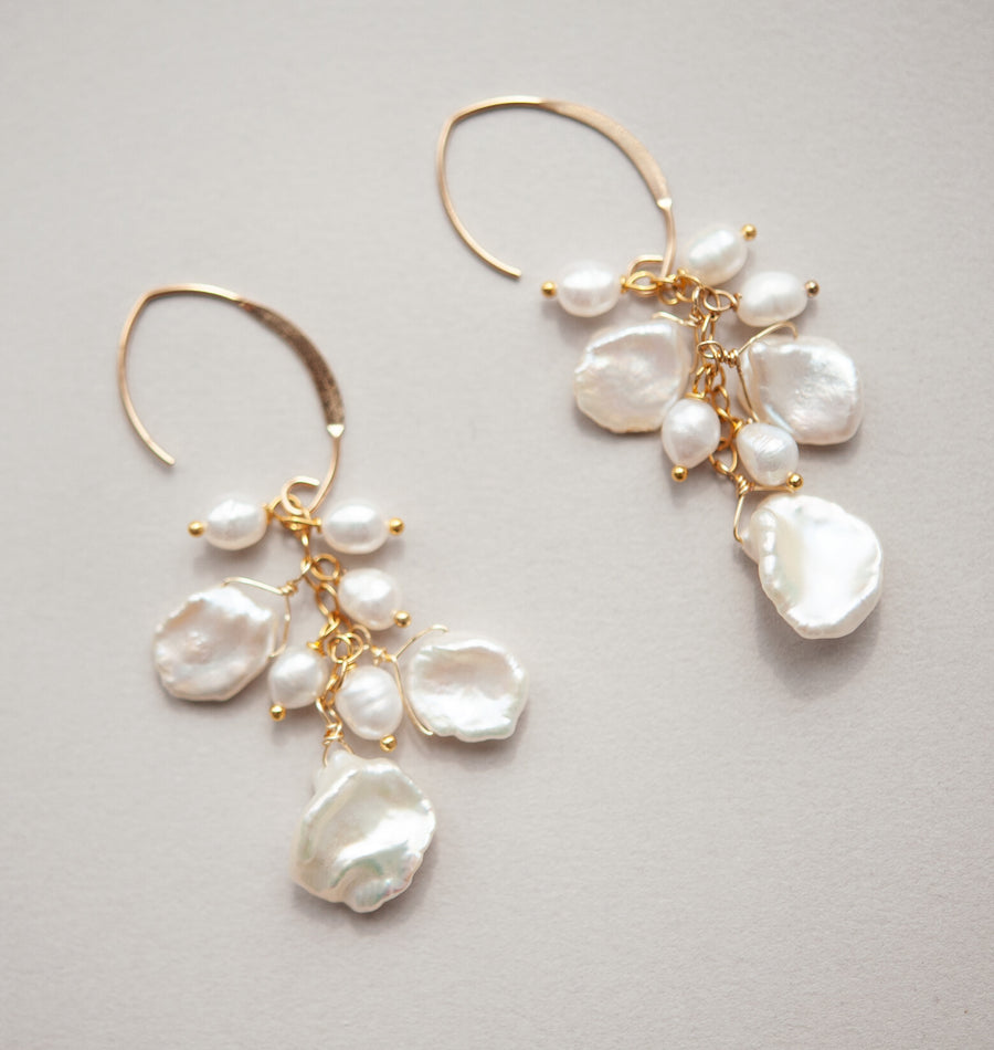 Keshi and freshwater Pearl bridal earrings in gold by Joanna Bisley Designs.