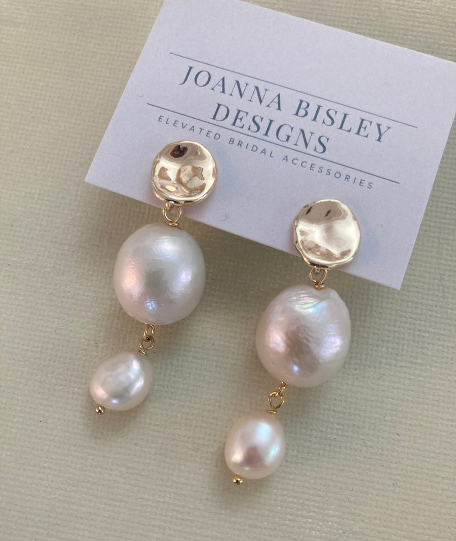 A pair of Luxury Pearl and Gold Bridal Earrings by Joanna Bisley Designs.