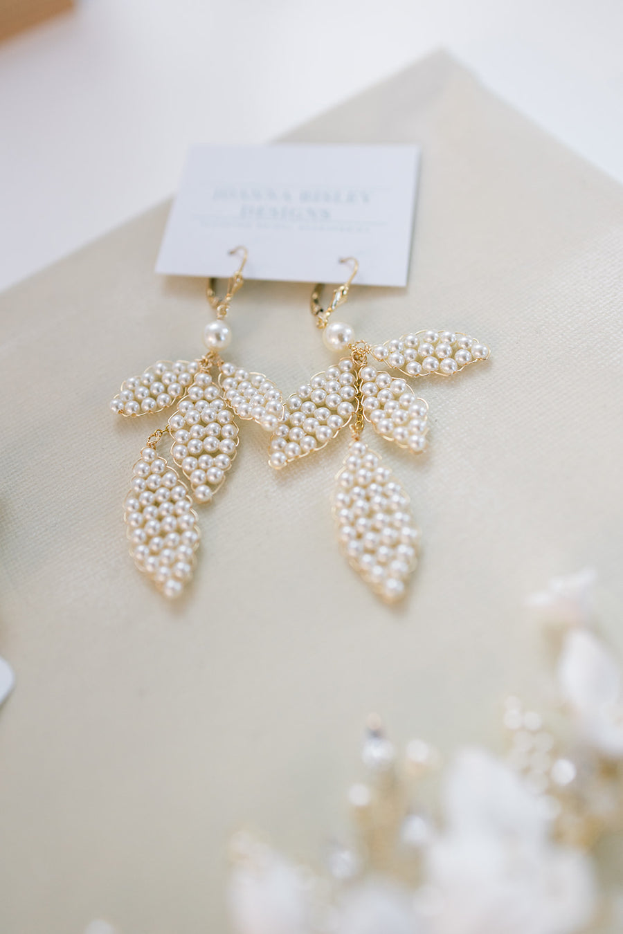 Saffron Pearl Leaf Bridal Earrings