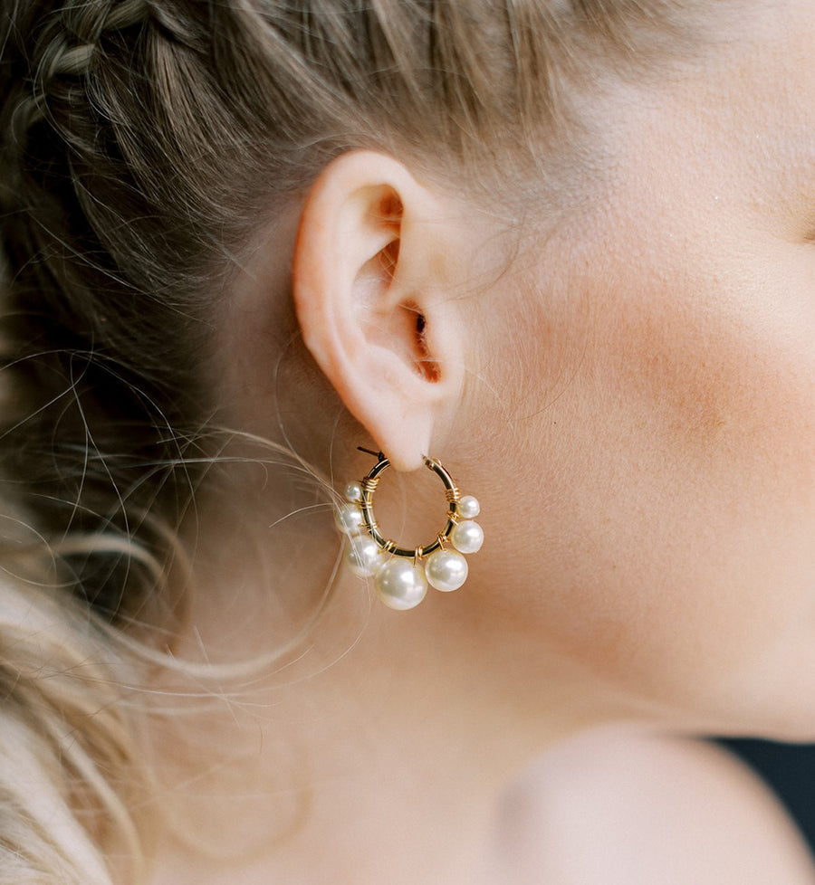 Our Della Pearl Hoop Bridal Earrings on bride, handcrafted in Canada by Joanna Bisley.