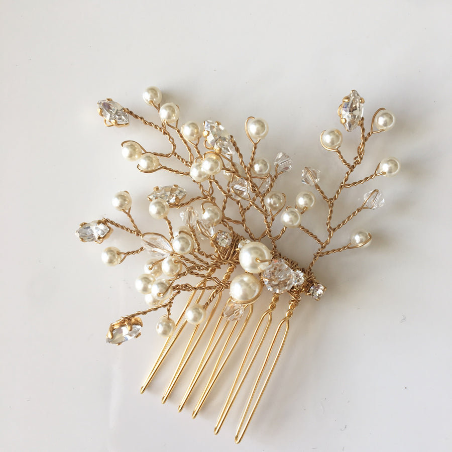 Gold bridal comb with Swarovski Crystals and pearls handmade by Joanna Bisley Designs.